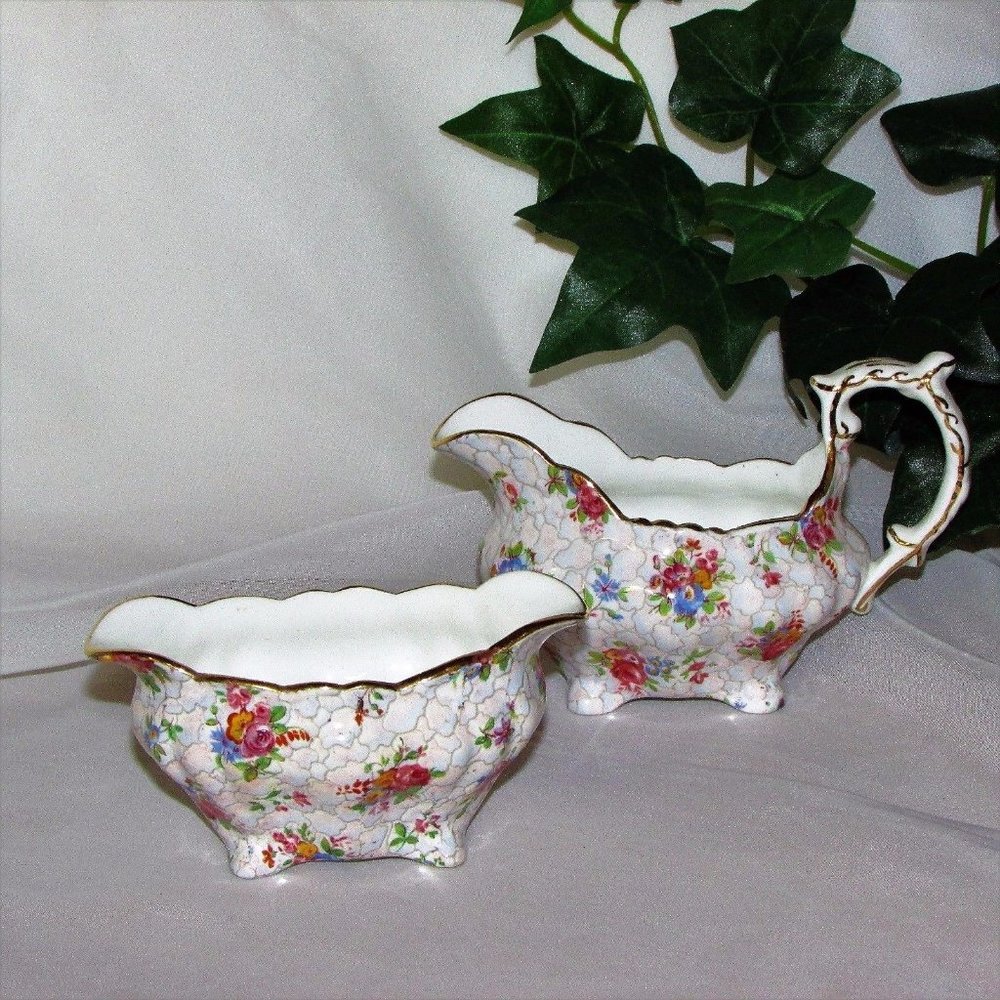 Hammersley Creamer & Sugar Bowl Set Fancy Vintage Pink Bone China England